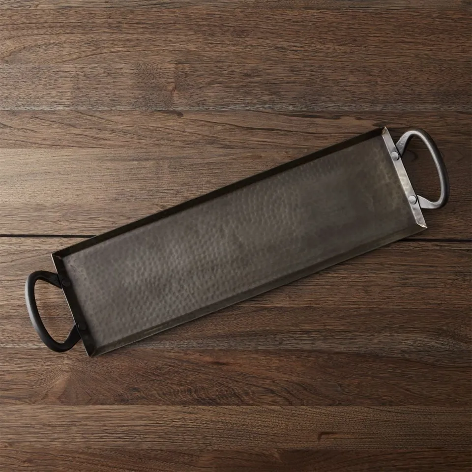 Feast Rectangular Hammered Iron Serving Platter with Handles