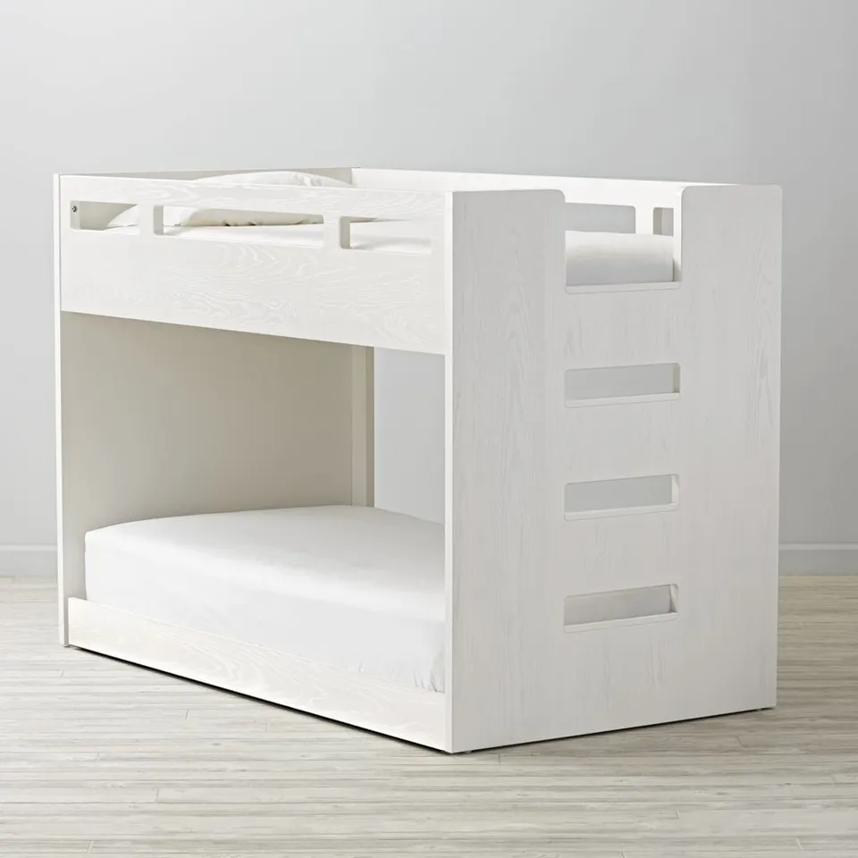 Abridged White Glaze Wood Low Kids Twin Bunk Bed with Right Ladder