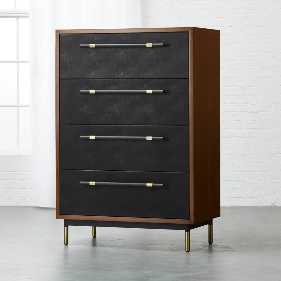 Oberlin 35" Black Vegan Leather and Wood 4-Drawer Tall Dresser