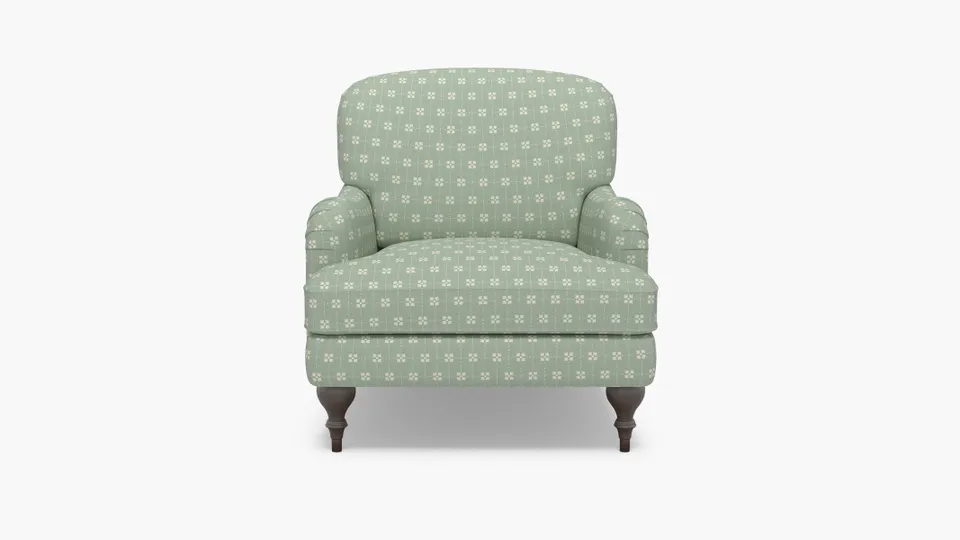 English Roll Arm Chair, Soft Sage Meadow Check, Espresso Turned Wood Leg