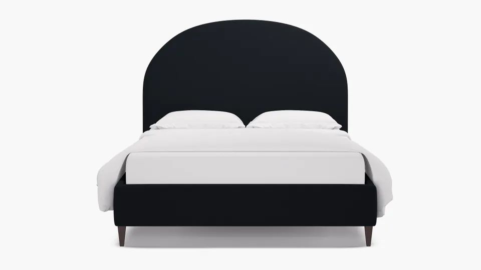 Demilune Bed, Navy Everyday Linen, Espresso Square Tapered Leg, King