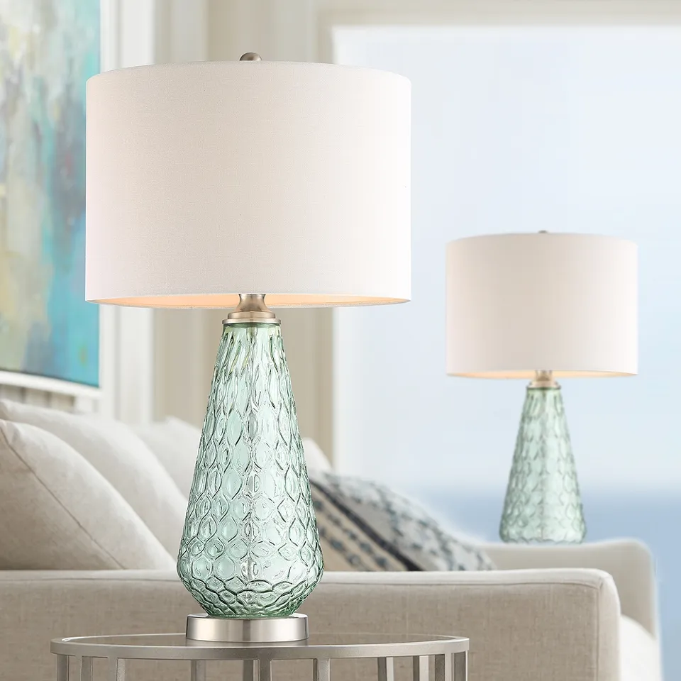 Possini Euro Corsica Modern Coastal Seafoam Green Glass Table Lamp Set of 2