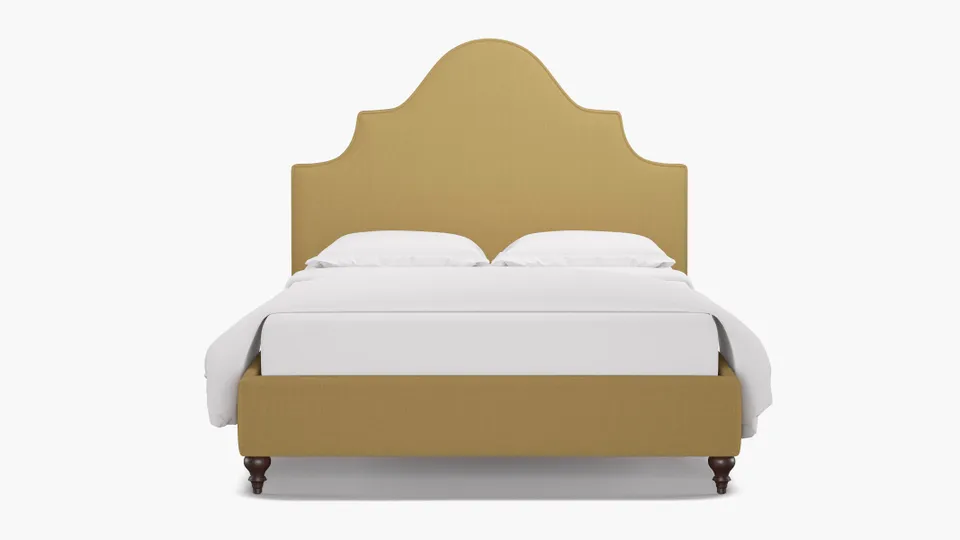 Statement Bed, French Yellow Everyday Linen, Espresso Traditional Turned Leg, King