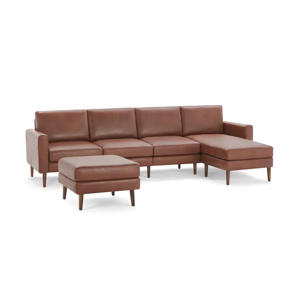 Nomad Leather King Sectional with Ottoman - Chestnut - Top Grain Leather / Walnut - Wood / Block