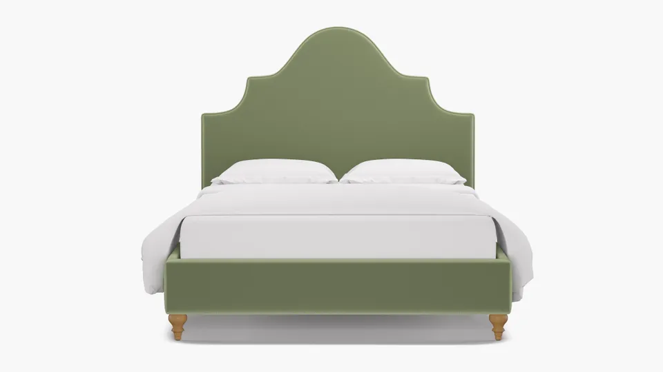 Statement Bed, Celadon Performance Plush Velvet, Natural Traditional Turned Leg, Full