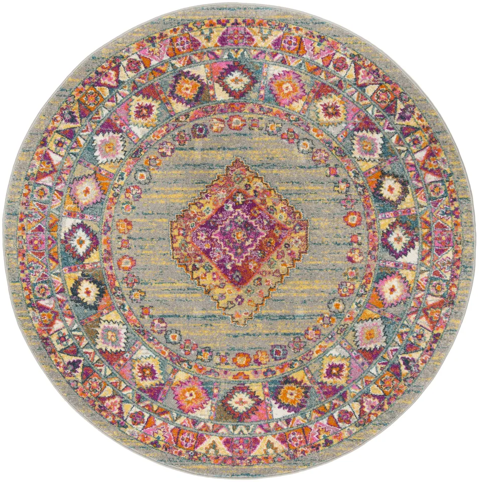 Arlo Home Woven Area Rug, MAD133G, Light Grey/Fuchsia,  6' 7" X 6' 7" Round