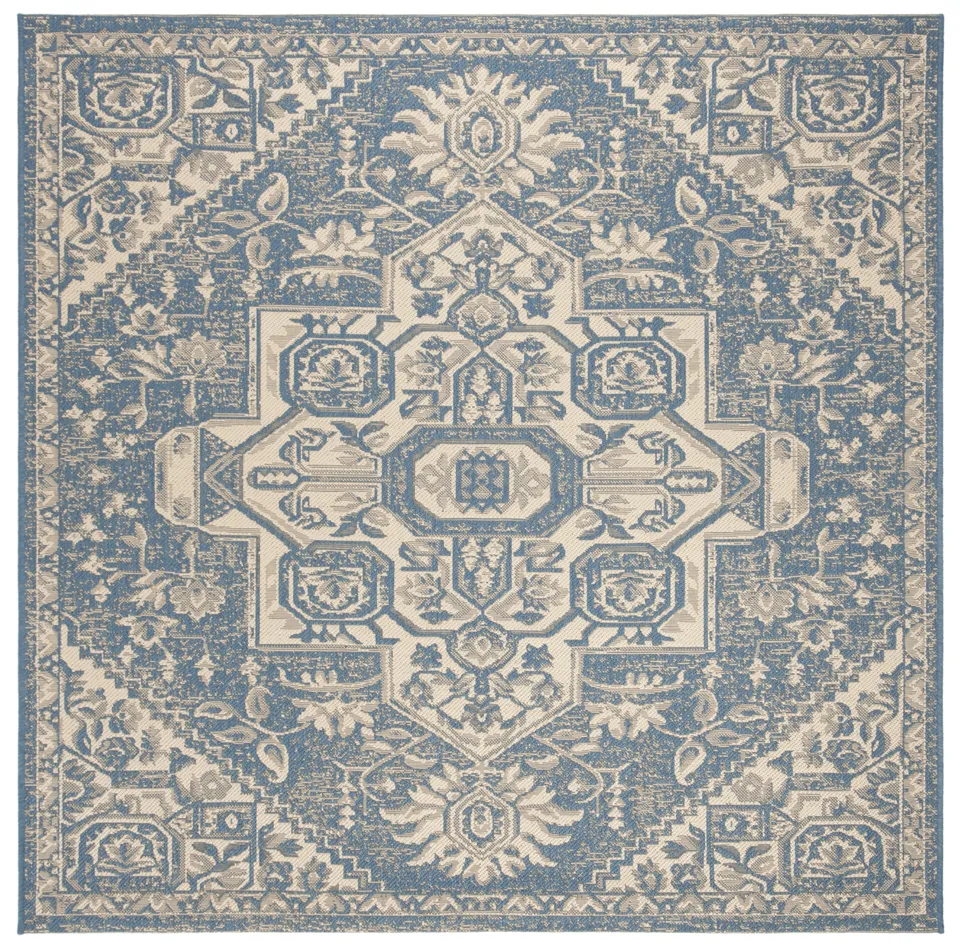 Arlo Home Indoor/Outdoor Woven Area Rug, LND138N, Cream/Blue,  6' 7" X 6' 7" Square