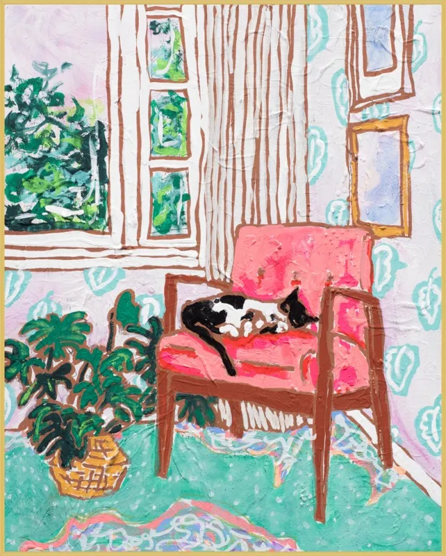 Cat Nap: Tuxedo Cat Napping in Mid-Century Chair by Lara Lee Meintjes for Artfully Walls