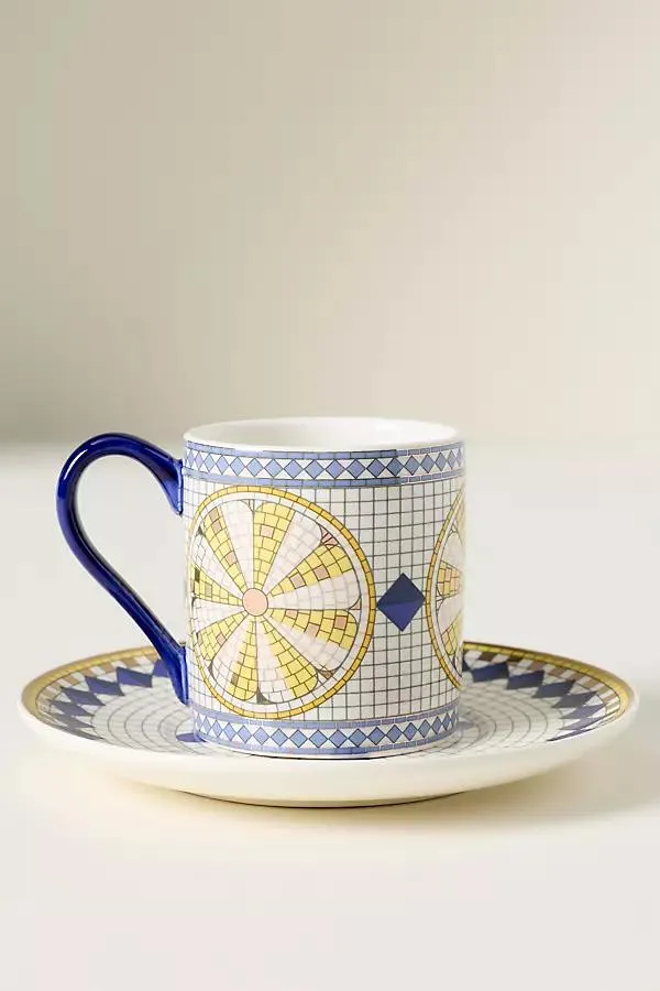Bistro Tile Stoneware 24k Gold Accent Italia Espresso & Saucer