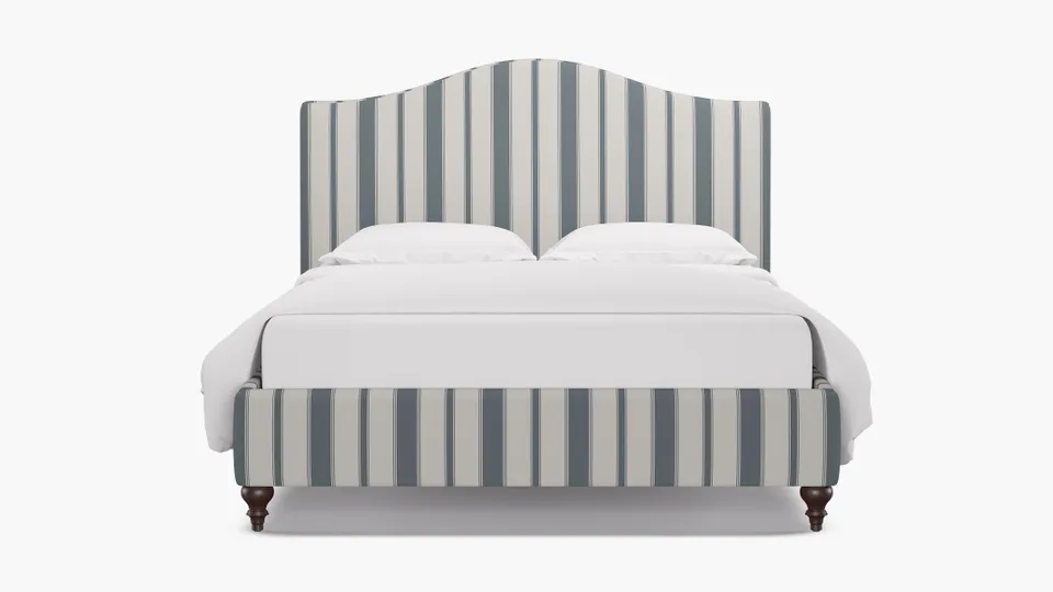 Camelback Bed, French Blue Clarence Stripe, Espresso Traditional Turned Leg, Full