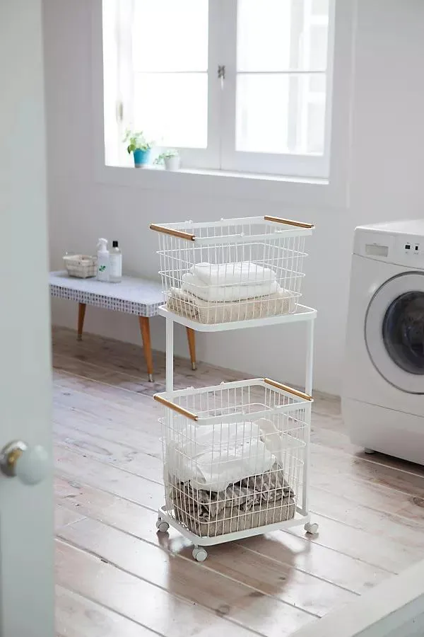 Two-Tier Rolling Laundry Cart and Wire Basket