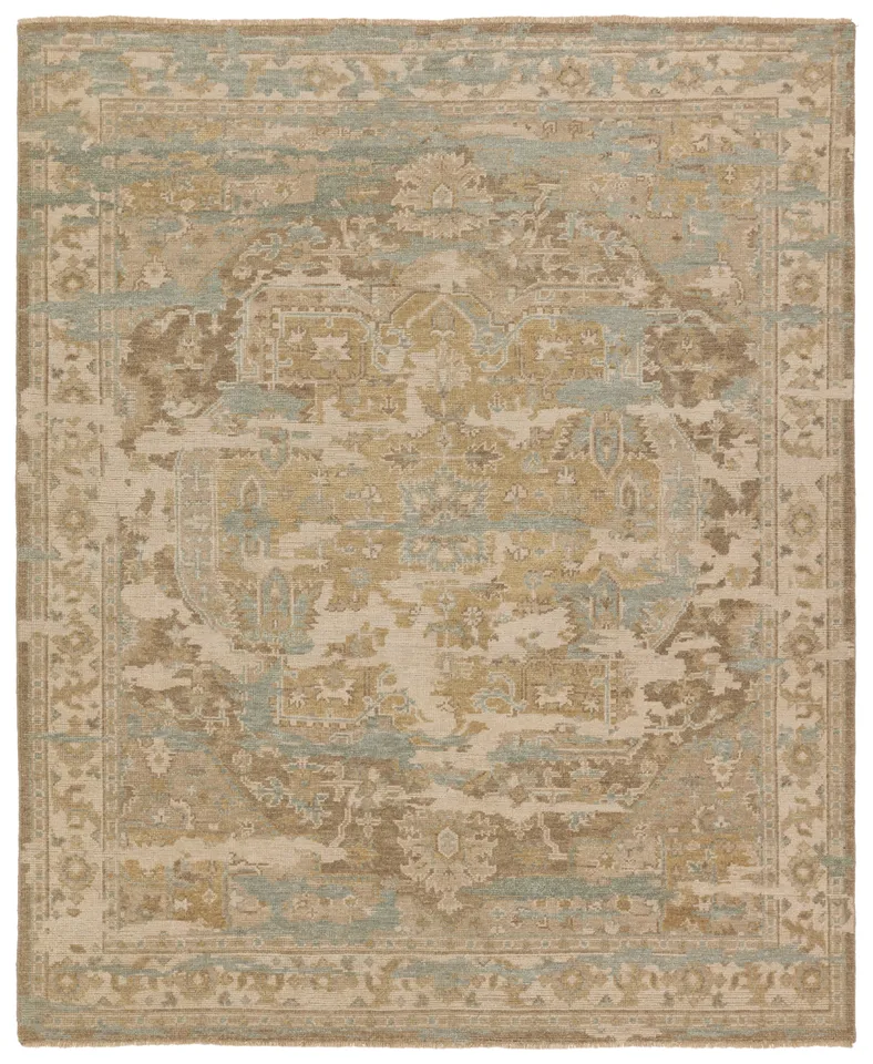 Cadenza Hand-Knotted Medallion Khaki/ Slate Area Rug (9'X12')