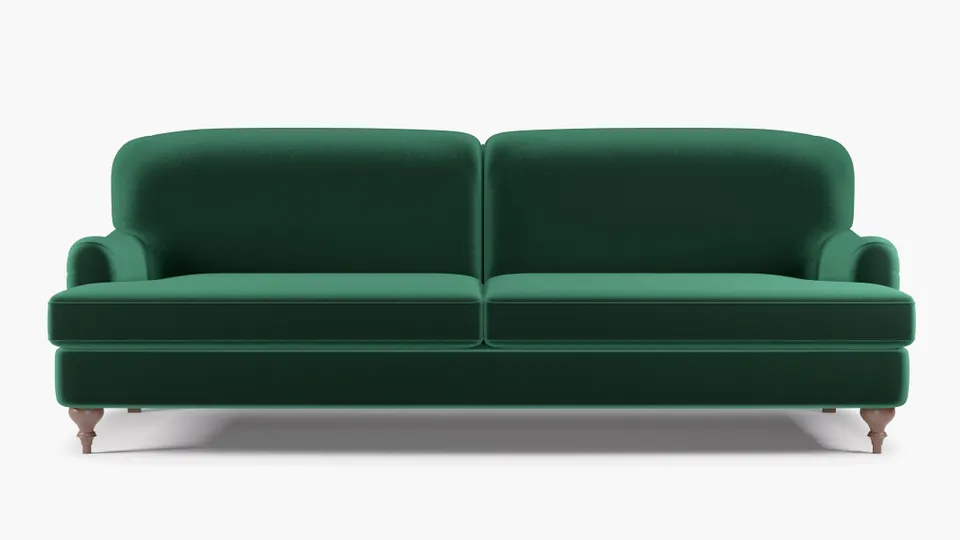 English Roll Arm Sofa, Spruce Performance Plush Velvet, Walnut Turned Wood Leg