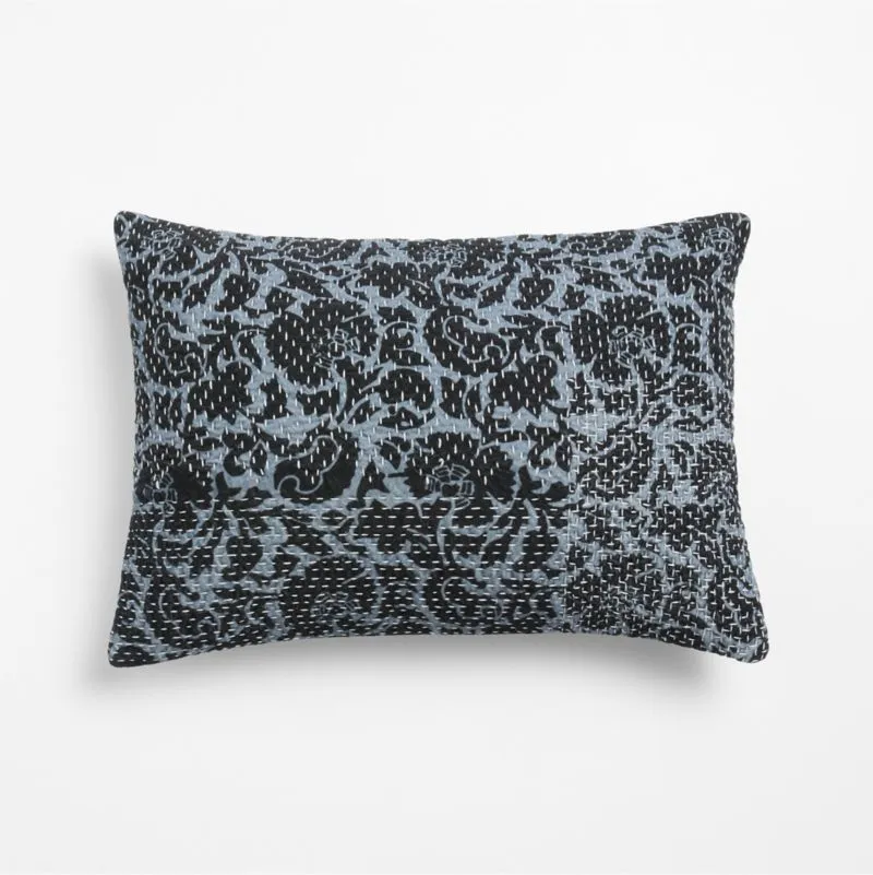 Sashiko Floral Organic Cotton Velvet 22"x15" Blue Throw Pillow Cover with Feather Insert