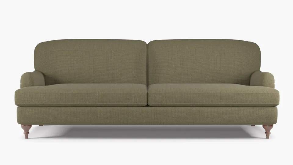 English Roll Arm Sofa, Olive Everyday Linen, Walnut Turned Wood Leg