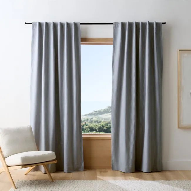 Deep Indigo Stripe Organic Cotton Linen Blackout Window Curtain Panel 52"x84"