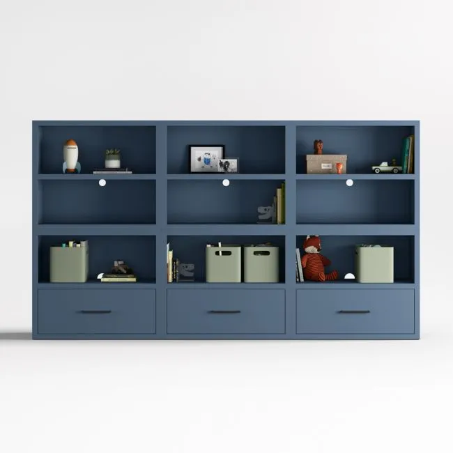 Ever Simple 108" Set of 3 Modular Slate Blue Wood Kids Open Bookcases with Drawers