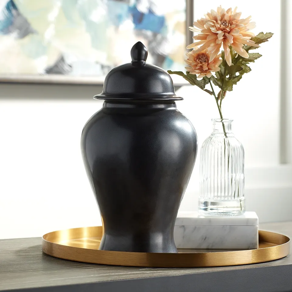 Alfano 10 3/4" High Onyx Black Ceramic Ginger Jar Urn with Lid