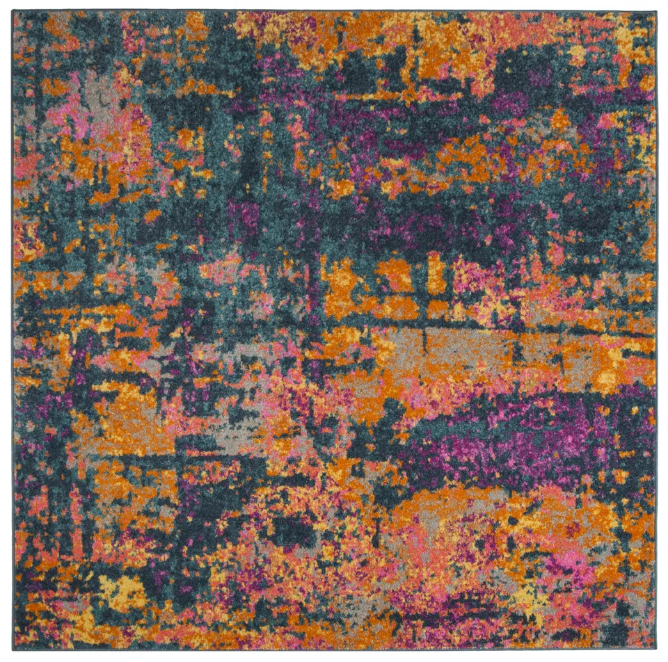 Arlo Home Woven Area Rug, MAD143A, Blue/Orange,  6' 7" X 6' 7" Square