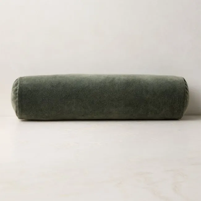 Encino Smoked Green Cotton Stonewashed Velvet Bolster Throw Pillow 24"x6"