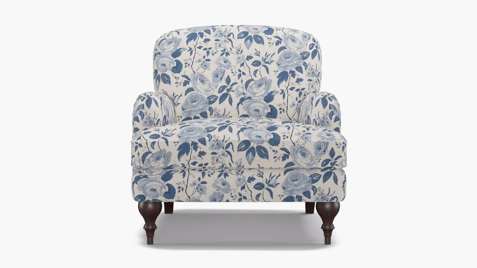 English Roll Arm Chair, Delft Chintz, Espresso Turned Wood Leg