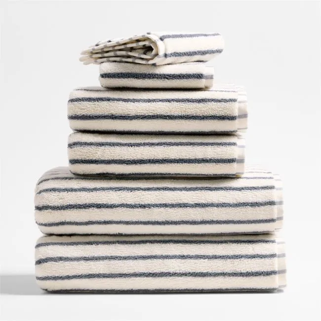 Classic Organic Turkish Cotton Pampas Ivory and Evening Blue Stripe Bath Towels, Set of 6