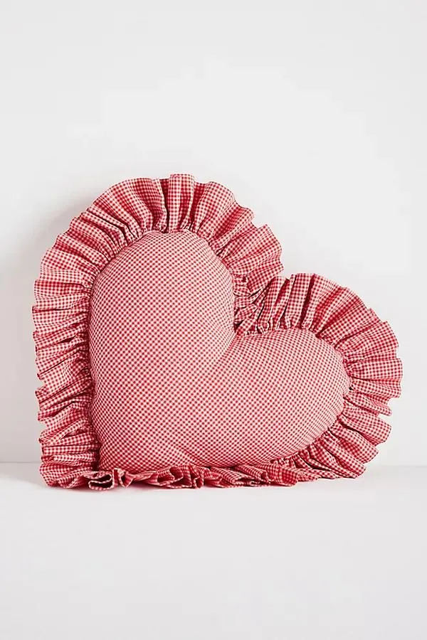 Gingham Cotton Ruffle Heart Pillow