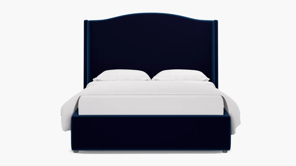 Curved Wingback Bed, Cobalt Performance Plush Velvet, Queen