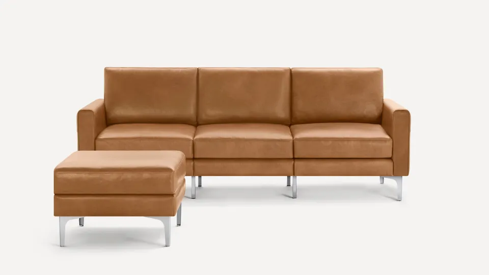 Nomad Leather Sofa with Ottoman - Camel - Top Grain Leather / Chrome - Metal / Block