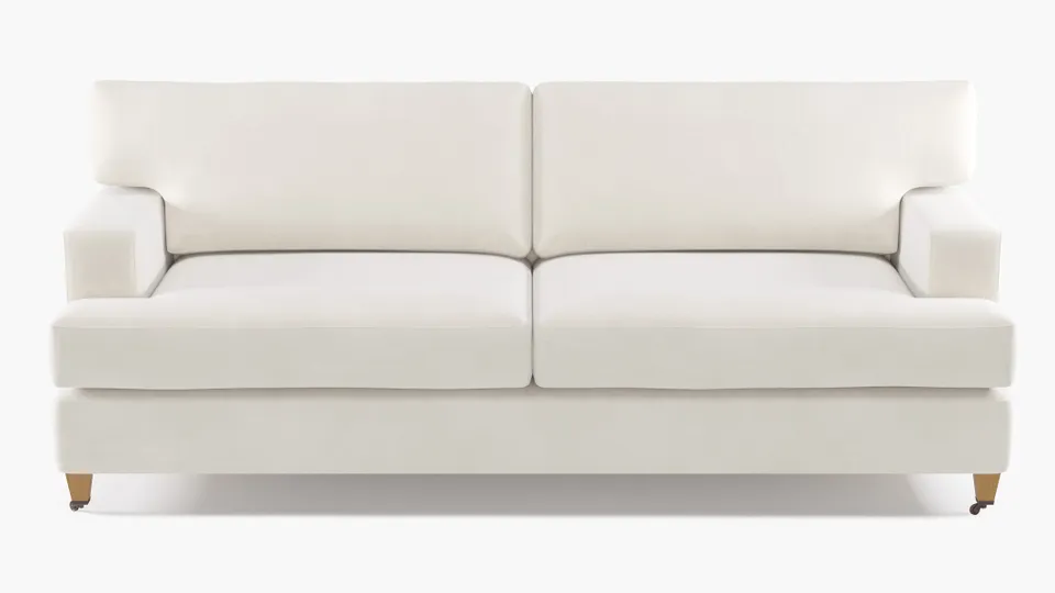 Classic Sofa, White Performance Velvet, Natural with Antique Brass Caster