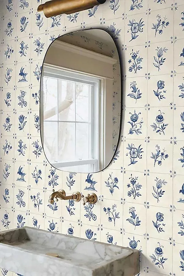 Azulejo Tile Floral Blue Peel-and-Stick Wallpaper