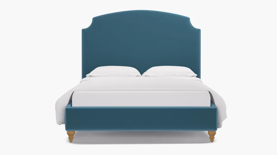 Cove Bed, French Performance Plush Velvet, Natural Traditional Turned Leg, Queen