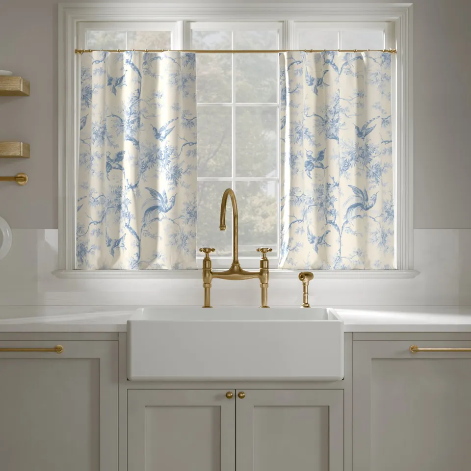 Printed Linen Café Curtain, Blue Swallows, 25" x 24", Unlined
