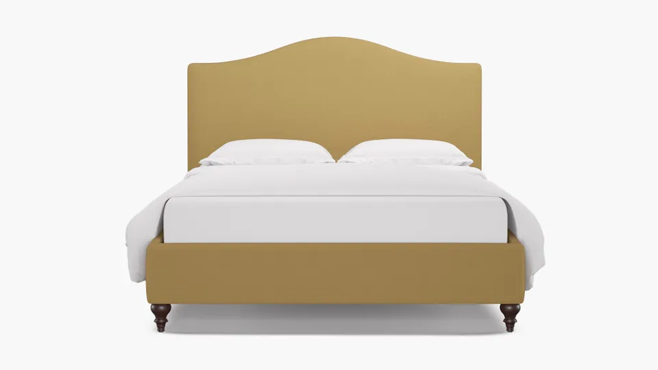 Camelback Bed, French Yellow Everyday Linen, Espresso Traditional Turned Leg, Full