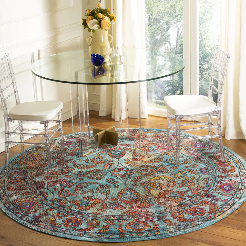 Arlo Home Woven Area Rug, CRS515A, Light Blue/Orange,  7' X 7' Round