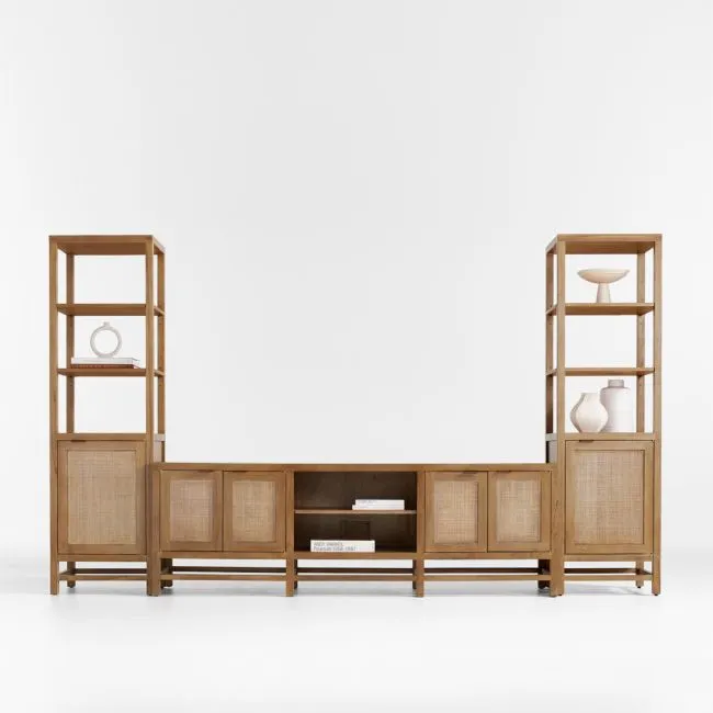Blake 129" Light Brown Teak and Rattan Storage Media Console Set