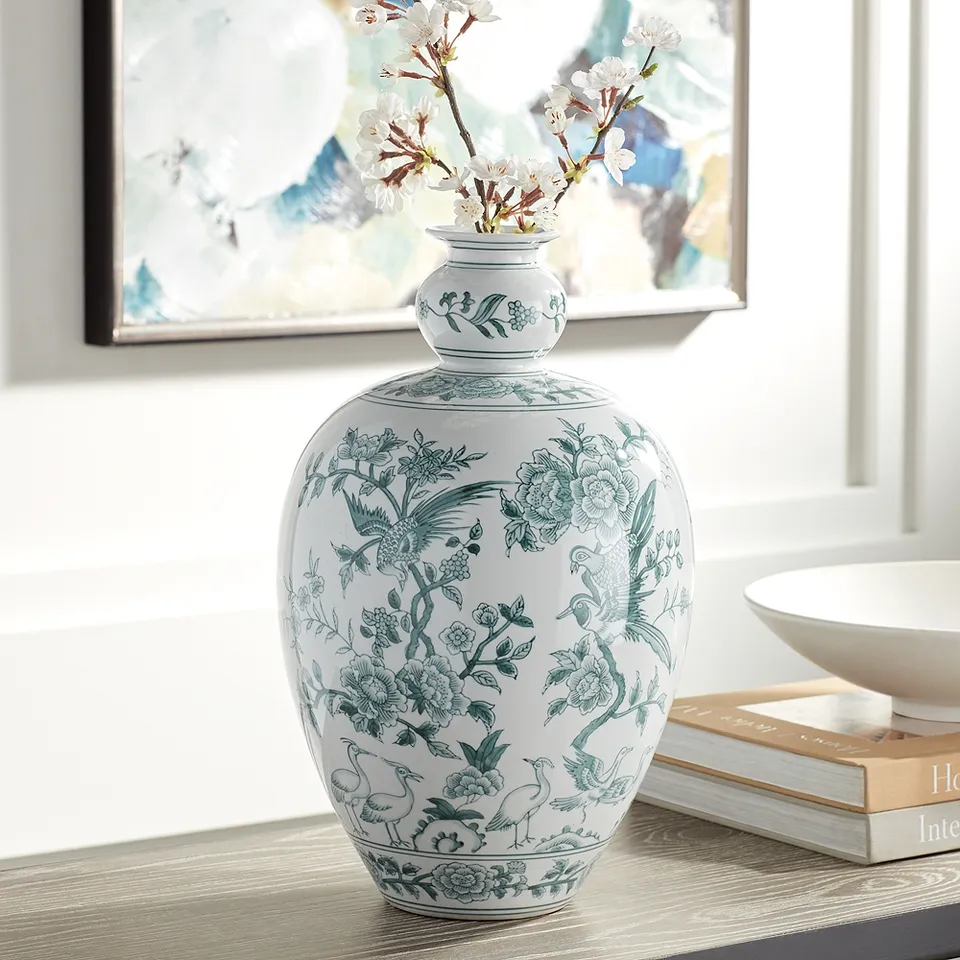 Lotus 17" High Green and White Ginger Jar Ceramic Decorative Vase