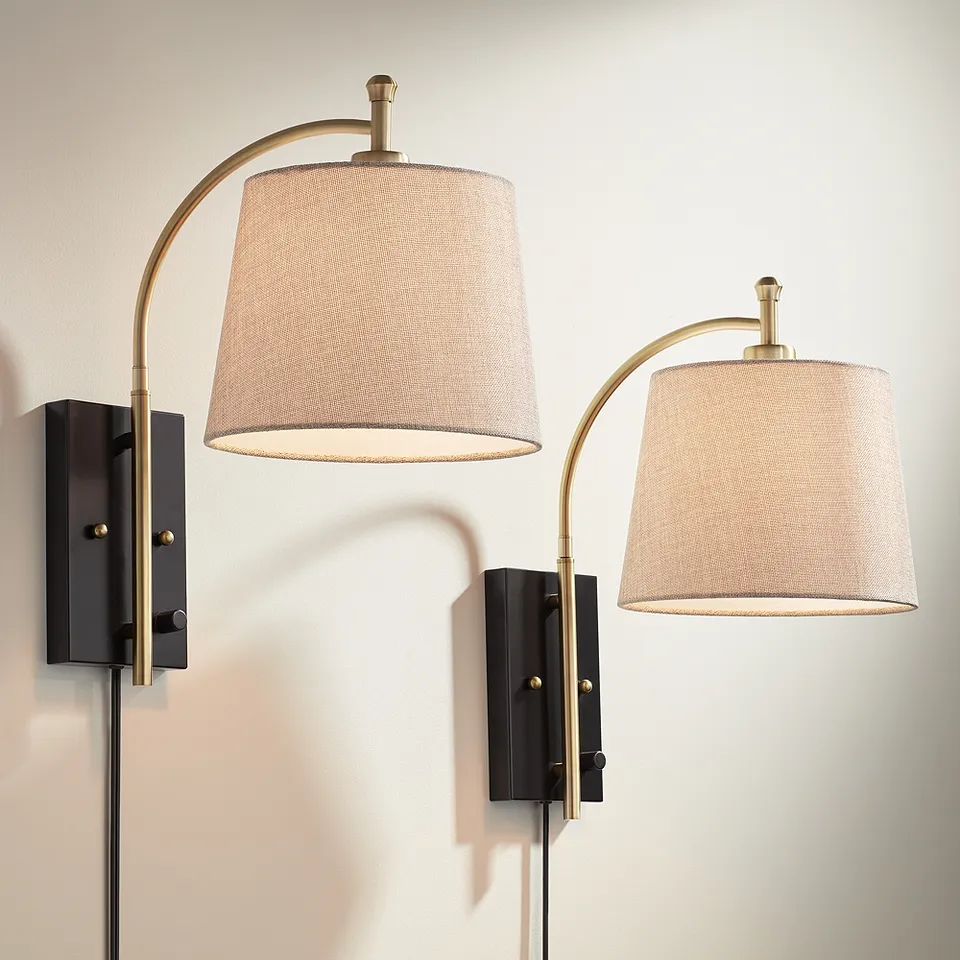360 Lighting Chester Antique Brass and Black Swing Arm Wall Lamps Set of 2