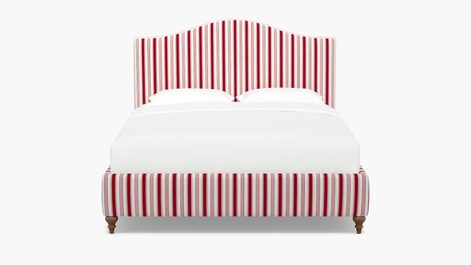 Camelback Bed, Red Regency Stripe, Walnut Traditional Turned Leg, Queen