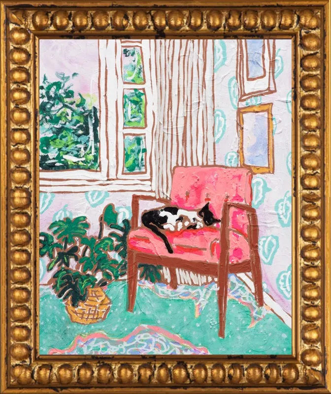 Cat Nap: Tuxedo Cat Napping in Mid-Century Chair by Lara Lee Meintjes for Artfully Walls