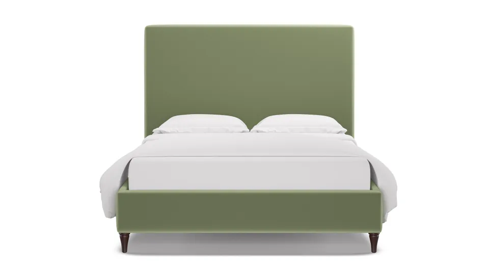 Classic Bed, Celadon Performance Plush Velvet, Espresso Decorative Tapered Leg, King