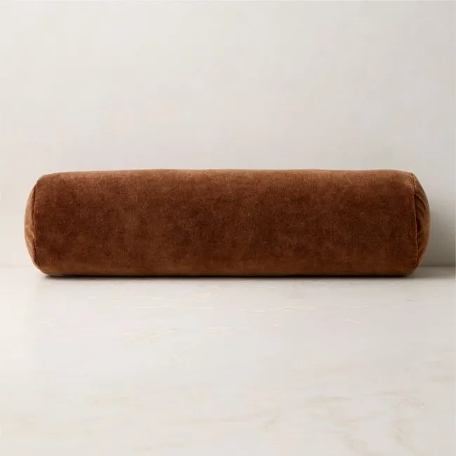 Encino Sienna Brown Cotton Stonewashed Velvet Bolster Throw Pillow 24"x6"