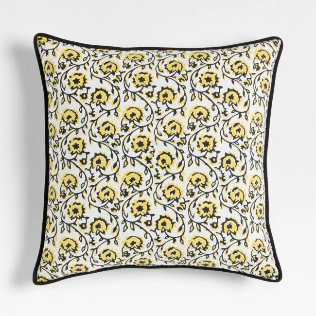 Washed Cotton 23"x23" Golden Flax Yellow Floral Reversible Hand Printed Throw Pillow Cover