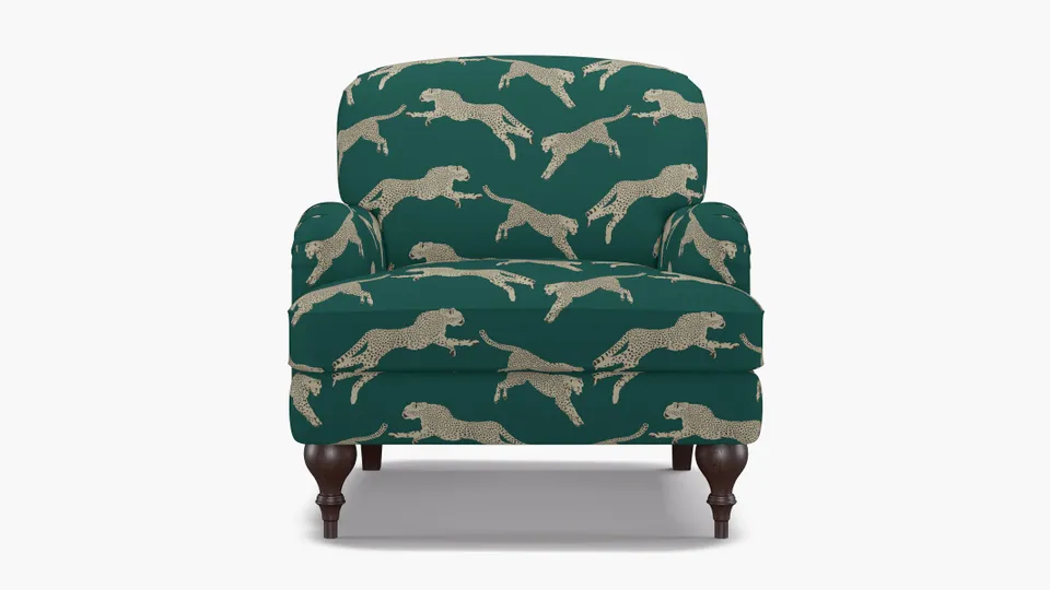English Roll Arm Chair, Polo Green Cheetah, Espresso Turned Wood Leg