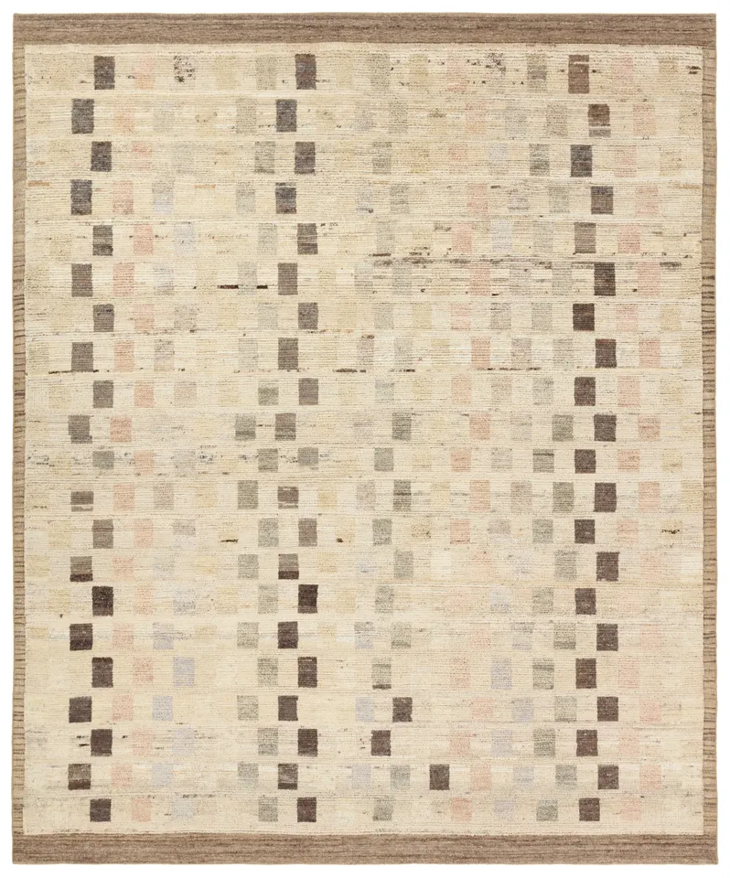 Ituri KAZ05 Handknotted Geometric Ivory and Tan Area Rug (9'x12')