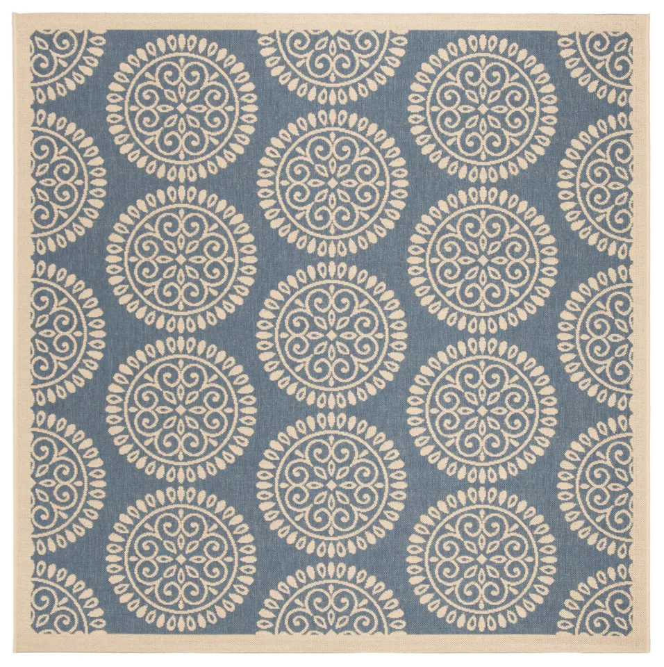 Arlo Home Indoor/Outdoor Woven Area Rug, LND176M, Blue/Cream,  6' 7" X 6' 7" Square