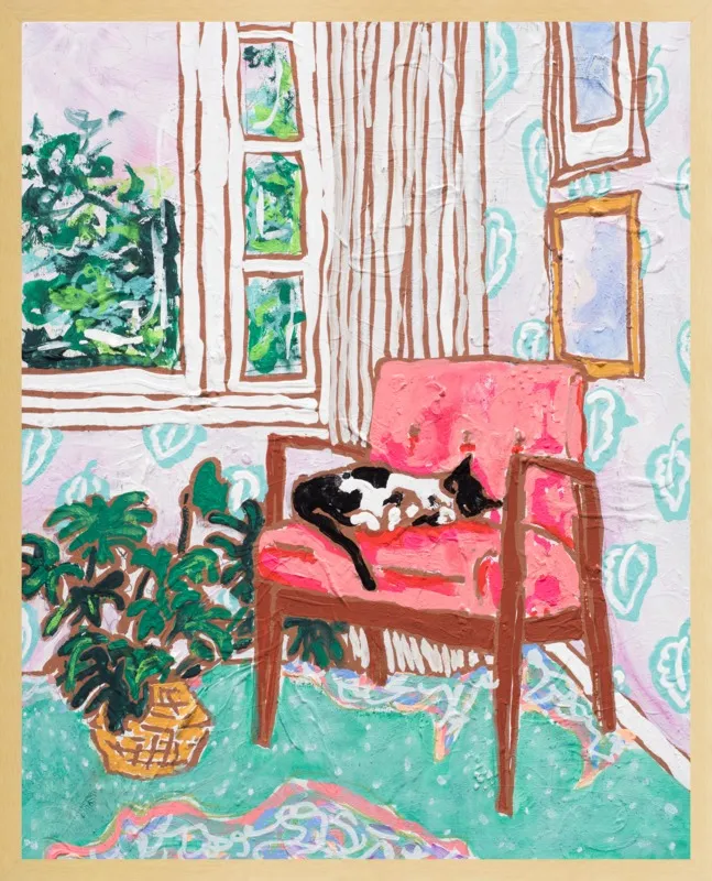 Cat Nap: Tuxedo Cat Napping in Mid-Century Chair by Lara Lee Meintjes for Artfully Walls