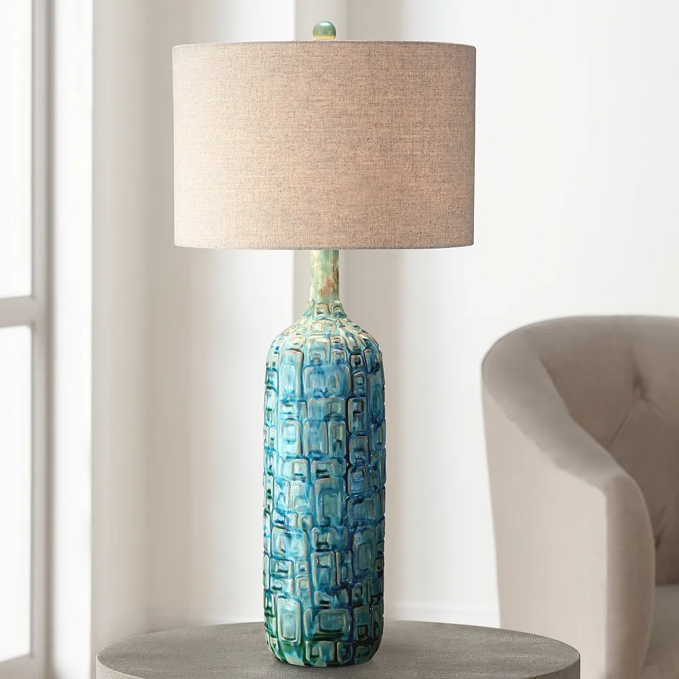 Possini Euro Teal 36" Ceramic Mid-Century Lamp with Table Top Dimmer