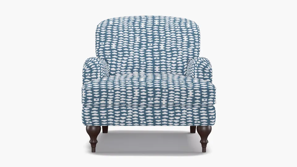 English Roll Arm Chair, Dusty Blue Odalisque, Espresso Turned Wood Leg