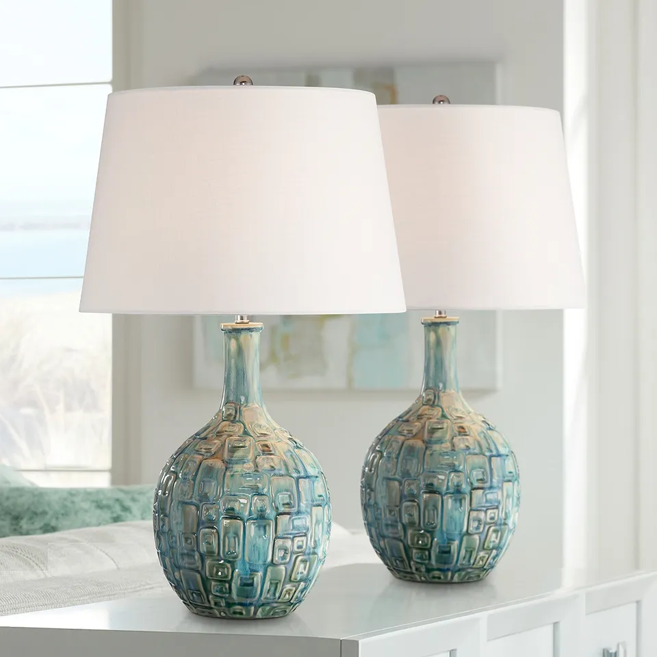 Abby 26" Mid-Century Teal Ceramic Gourd Table Lamps Set of 2